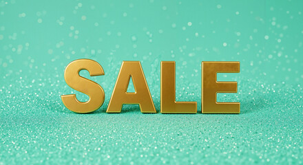 Gold SALE letters on mint glitter background for marketing promotions  