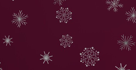 Sophisticated background of silver snowflakes on a rich burgundy backdrop, ideal for Christmas cards or winter themed designs.