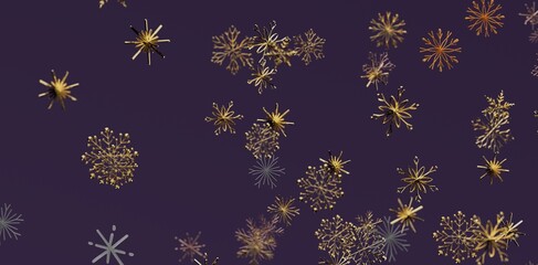Abstract design of golden snowflakes floating against a purple background, perfect for winter holiday greeting cards, festive banners and invita