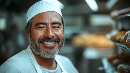 Smiling baker stands proudly in a busy bakery kitchen, showcasing his craftsmanship and joy for baking fresh goods