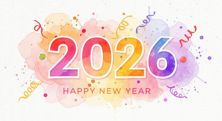 Colorful watercolor illustration of 2026 Happy New Year celebration  