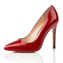 Single red patent leather stiletto high heel shoe with pointed toe on white background red shoe glossy