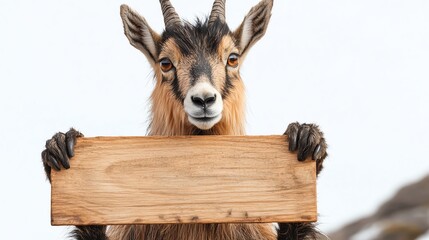 a reallooking serow holding wooden sign with front legs clipart, mountain animal conservation theme, photorealistic fur and anatomy, isolated on white background