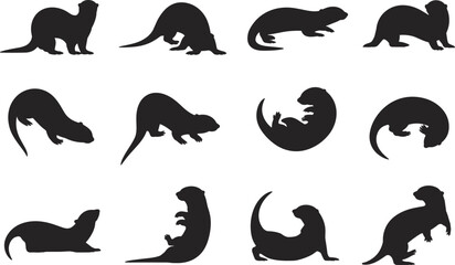 Otter silhouettes in various poses, animal behavior icons, wildlife graphics for nature design, education, and artistic use, flat vector illustration