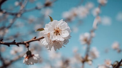 Obraz premium White and pink cherry blossom, sakura with blue sky, close up shot background, flower, isolated, nature, tree, spring, white, floral, garden, Japan