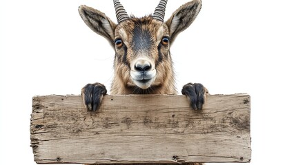 a reallooking serow holding wooden sign with front legs clipart, mountain animal conservation theme, photorealistic fur and anatomy, isolated on white background