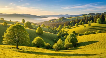 Golden sunrise illuminates rolling hills and lush green trees in a picturesque rural landscape