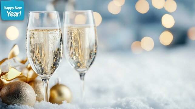 Celebration with sparkling champagne flutes and gold ribbon