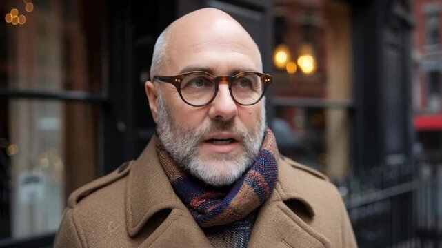 Middle-aged man with glasses and beard poses outside a cozy restaurant on a chilly day in an urban setting