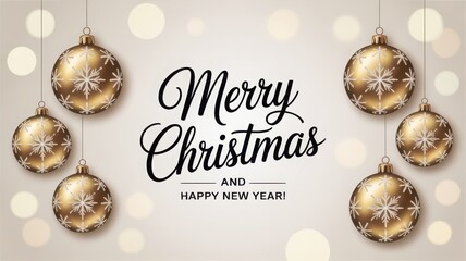 Merry christmas and happy new year greeting card with golden baubles