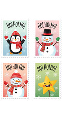 Festive Holiday Stamps with Penguins, Snowmen, and Star
