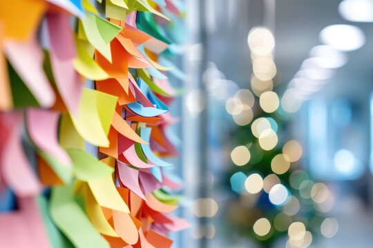 Colorful sticky notes collage on abstract blurred office background