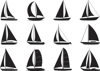 Sailboat silhouette collection, nautical vessel icons, maritime transport graphics, sailing boat shapes, yacht rigging styles, ocean craft set – flat vector illustration