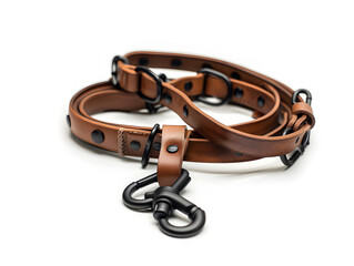 Obraz premium brown leather dog leash with metal clasp isolated on white background