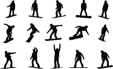 Snowboarding silhouettes, dynamic tricks, winter sport poses, black icons, athlete movement, extreme action, flat vector illustration, freestyle board stances