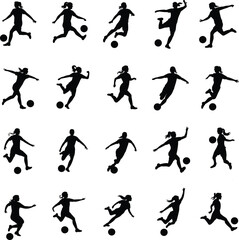 Soccer player silhouette poses, football action movements, dynamic kicking stances, sports training icons, athlete motion set – flat vector illustration