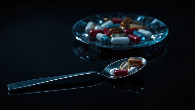 Spoon with capsules, behind it a plate with different colored pharmaceutical pills and capsules. Dark light, black background.
