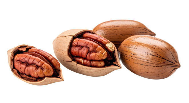 A close up of pecans with and without their shells on transparent background, png