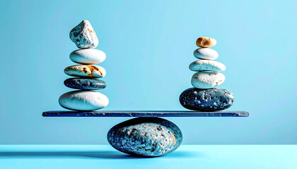 Piedras en equilibrio sobre una tabla de madera con fondo liso, concepto de armonía, estabilidad balance en la naturaleza y en la vida, bienestar, desarrollo personal y salud mental