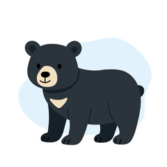 adorable outdoor cartoon black bear, friendly black bear with light chest and attentive posture, charming cartoon black bear with soft fur and welcoming expression for branding