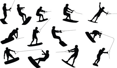Wakeboarding silhouettes, dynamic rider poses, water sport action icons for fitness, adventure, branding, recreation, and design use, flat vector illustration