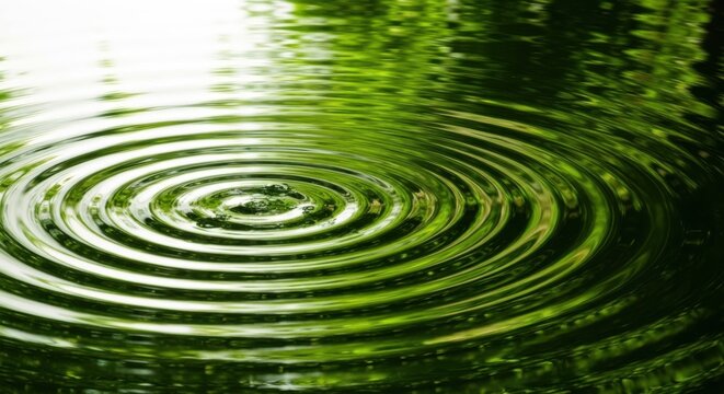 Concentric ripples on the surface of green water, reflecting sunlight and foliage