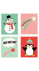 Minimalist Christmas Stamps with Snowman, Penguin, and Star
