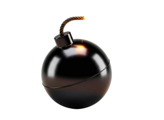 Vintage black bomb with burning fuse isolated on transparent background