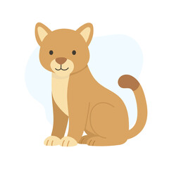 Illustration of cougar with curled tail, serene cougar on blue background, tranquil mountain lion sitting peacefully