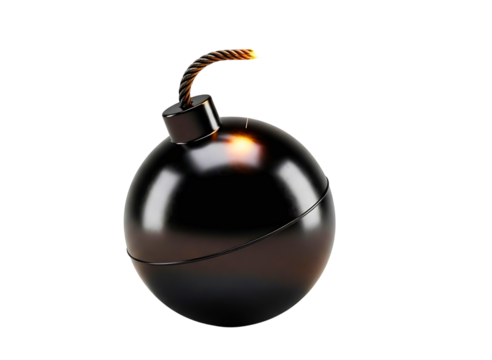 Vintage black bomb with burning fuse isolated on transparent background