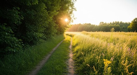 A dirt path winds through a sundrenched meadow and forest during golden hour