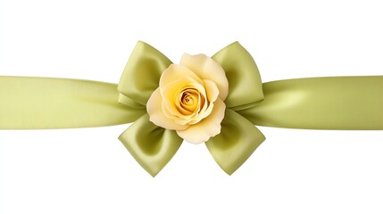 a sage green ribbon bow with a yellow rose in the center, photorealistic design, clean and elegant, isolated on white background