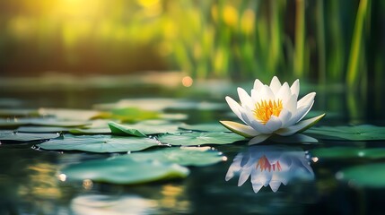 A serene pond with a single blooming lotus flower and round green leaves floating gently