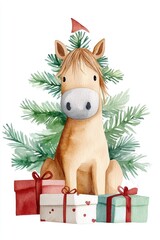 Obraz premium Adorable watercolor horse sitting by a festive tree with colorful wrapped presents