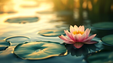 A serene pond with a single blooming lotus flower and round green leaves floating gently