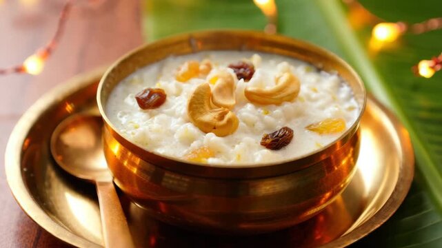 Traditional South Indian rice pudding with cashews and raisins for Pongal, Makar Sankranti, Tamil New Year, festive celebrations, Indian festival delicacy, food photography