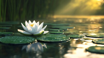 A serene pond with a single blooming lotus flower and round green leaves floating gently