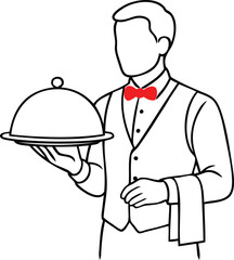 Waiter with serving tray and red bow tie illustration