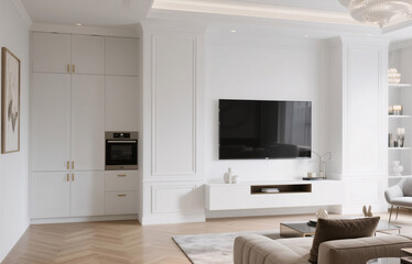 Fototapeta premium A modern living room with a built-in tv cabinet and wall panelling shelf.