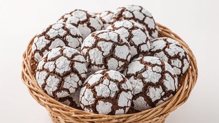 Basket of freshly baked chocolate crinkle cookies dusted with powdered sugar on a white background