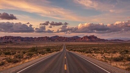 Fototapeta premium Asphalt road and desert with sky clouds nature landscape at dusk. Road trip.