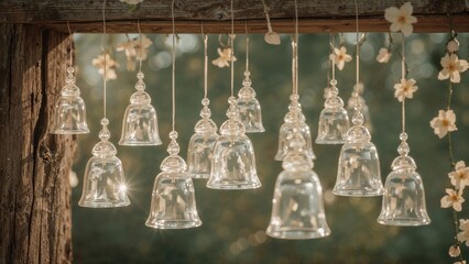 Hanging wind chimes shaped like small glass bells with flowers