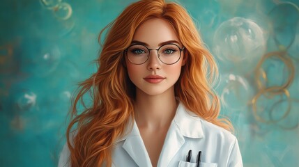 Portrait of a redhead woman with glasses and a lab coat against a teal backdrop