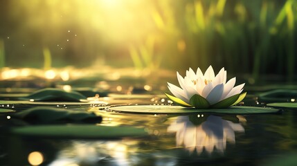 A serene pond with a single blooming lotus flower and round green leaves floating gently