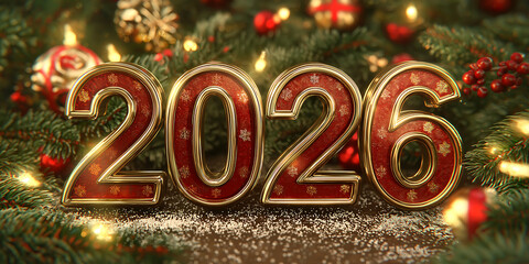 Festive 2026 numbers adorned with Christmas ornaments and twinkling lights on a pine branch.