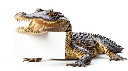 a Siamese crocodile holding sign in mouth clipart, endangered reptile awareness, photorealistic detail and pose, isolated on white background