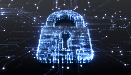 Glowing 3D padlock formed from blue particles and lines over a dark circuit network, symbolizing encryption, cybersecurity, and secure digital infrastructure.