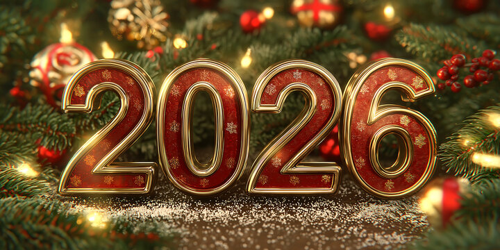 Festive 2026 numbers adorned with Christmas ornaments and twinkling lights on a pine branch.