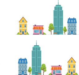 Obraz premium Collection of flat vector illustrations featuring diverse urban and suburban buildings