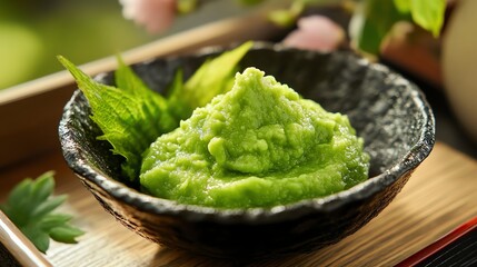 A small dish of bright green wasabi paste served next to sushi on a traditional Japanese plate, photorealistic